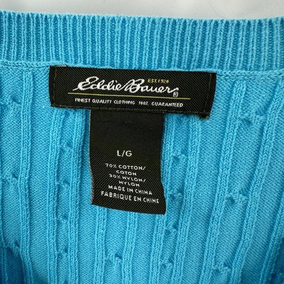 Eddie Bauer Blue V-Neck Long Sleeve Cable Knit Pullover Sweater Size Large FLAW - Picture 3 of 10